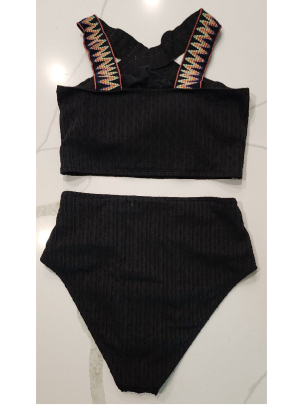 Black 1XL High Waisted Bikini Set Crisscross Straps Rainbow Embroidered Ribbed - Picture 2 of 12